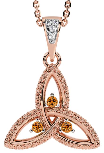 Diamond Citrine Rose Gold Celtic Trinity Knot Necklace