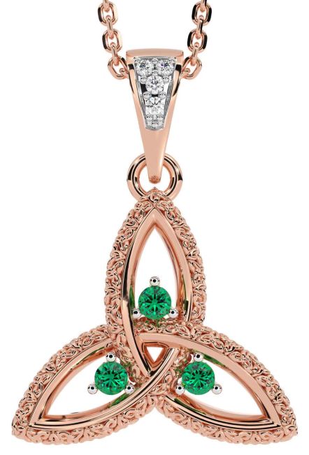 Diamond Emerald Rose Gold Celtic Trinity Knot Necklace