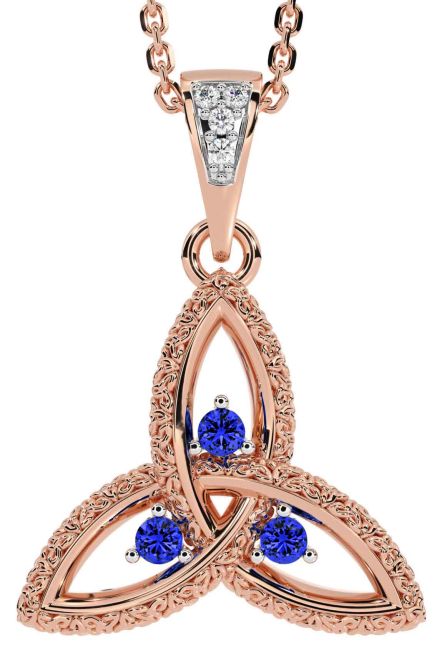 Diamond Sapphire Rose Gold Celtic Trinity Knot Necklace