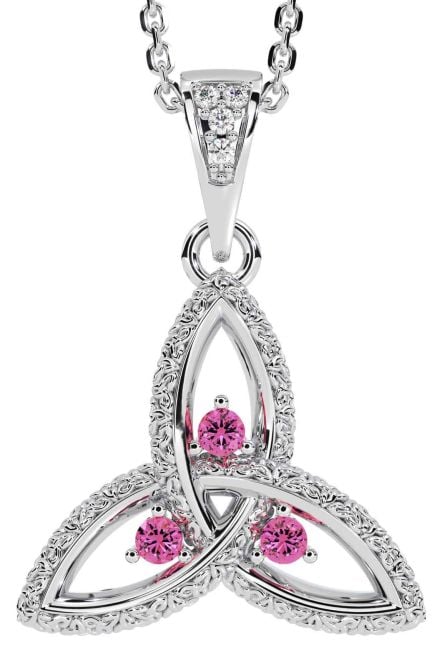 Diamond Pink Tourmaline Silver Celtic Trinity Knot Necklace