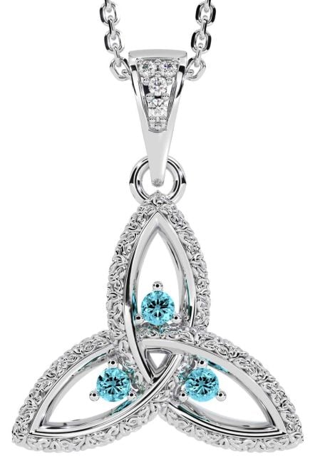 Diamond Aquamarine White Gold Celtic Trinity Knot Necklace