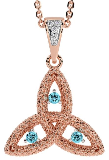 Diamond Aquamarine Rose Gold Silver Celtic Trinity Knot Necklace