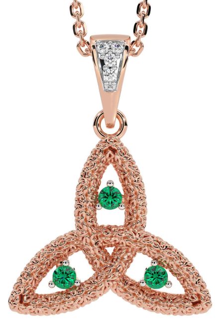 Diamond Emerald Rose Gold Celtic Trinity Knot Necklace