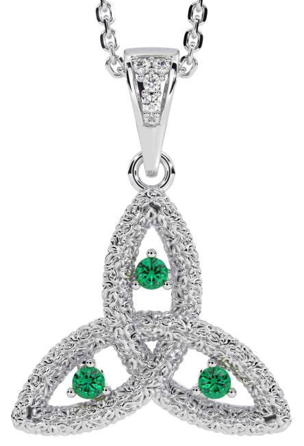 Diamond Emerald Silver Celtic Trinity Knot Necklace