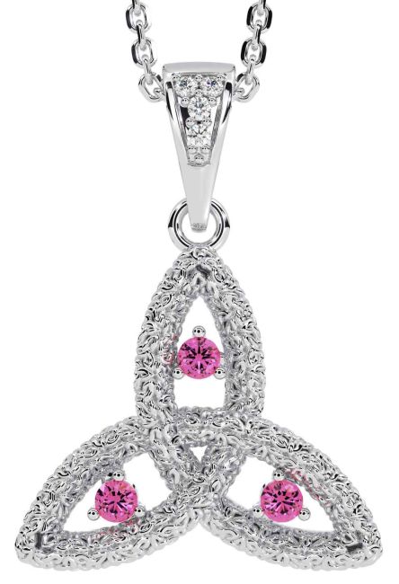Diamond Pink Tourmaline Silver Celtic Trinity Knot Necklace