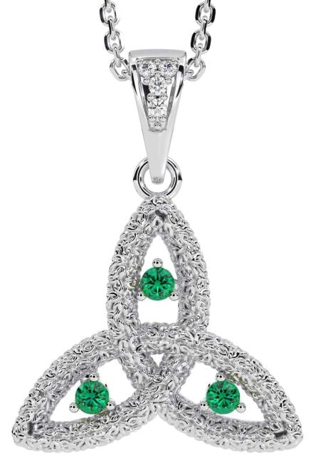 Diamond Emerald White Gold Celtic Trinity Knot Necklace