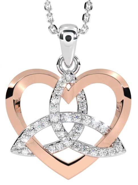 Rose Gold Coated Silver Diamond Celtic Trinity Knot Heart Necklace