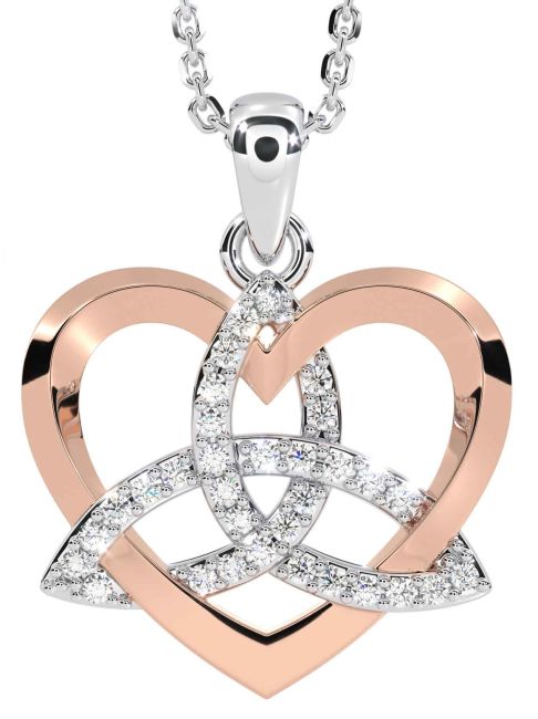 Diamond White Rose Gold Celtic Trinity Knot Heart Necklace