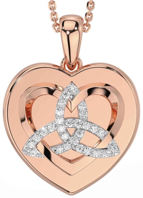 Diamond Rose Gold Silver Celtic Trinity Knot Heart Necklace