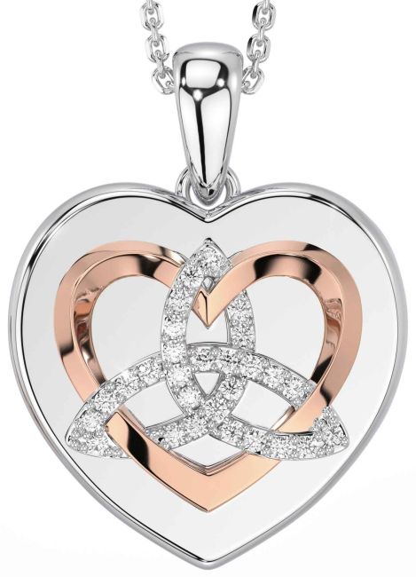 Diamond Rose Gold Silver Celtic Trinity Knot Heart Necklace