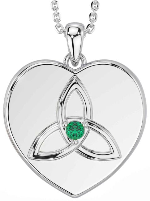 Emerald White Gold Celtic Trinity Knot Heart Necklace