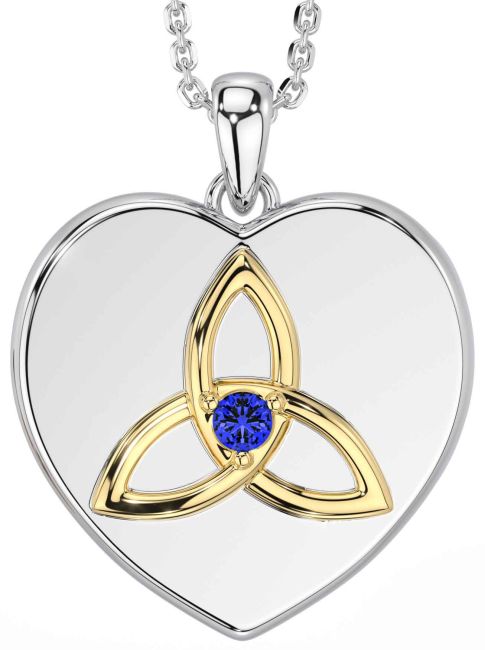 Sapphire White Yellow Gold Celtic Trinity Knot Heart Necklace