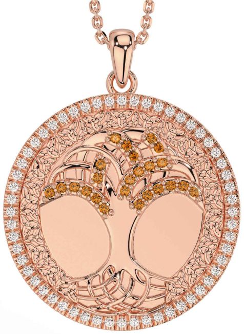 Diamond Citrine Rose Gold Silver Celtic Tree of Life Trinity Knot Necklace