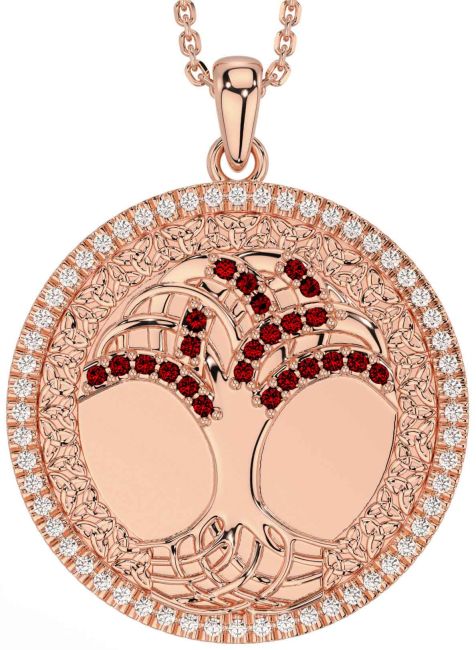 Diamond Garnet Rose Gold Silver Celtic Tree of Life Trinity Knot Necklace