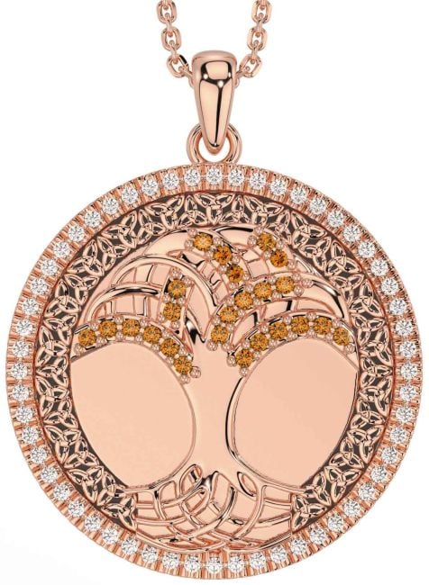 Diamond Citrine Rose Gold Silver Black Rhodium Celtic Tree of Life Trinity Knot Necklace