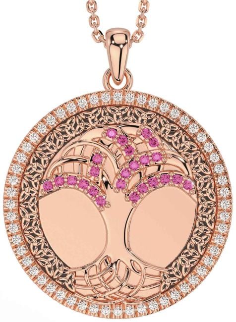 Diamond Pink Tourmaline Rose Gold Silver Black Rhodium Celtic Tree of Life Trinity Knot Necklace
