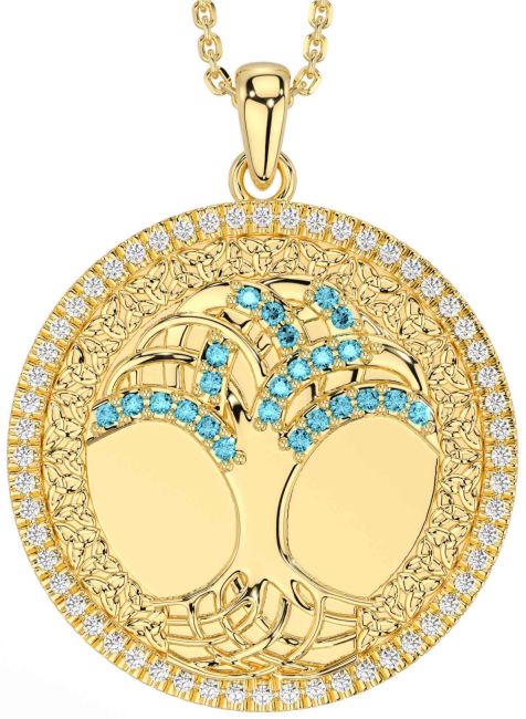 Diamond Aquamarine Gold Silver Celtic Tree of Life Trinity Knot Necklace