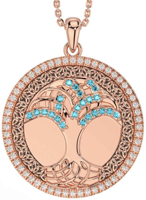 Diamond Aquamarine Rose Gold Black Rhodium Celtic Tree of Life Trinity Knot Necklace