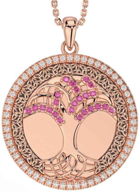 Diamond Pink Tourmaline Rose Gold Black Rhodium Celtic Tree of Life Trinity Knot Necklace