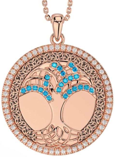 Diamond Topaz Rose Gold Black Rhodium Celtic Tree of Life Trinity Knot Necklace