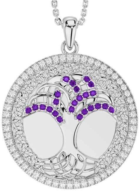 Diamond Amethyst Silver Celtic Tree of Life Trinity Knot Necklace