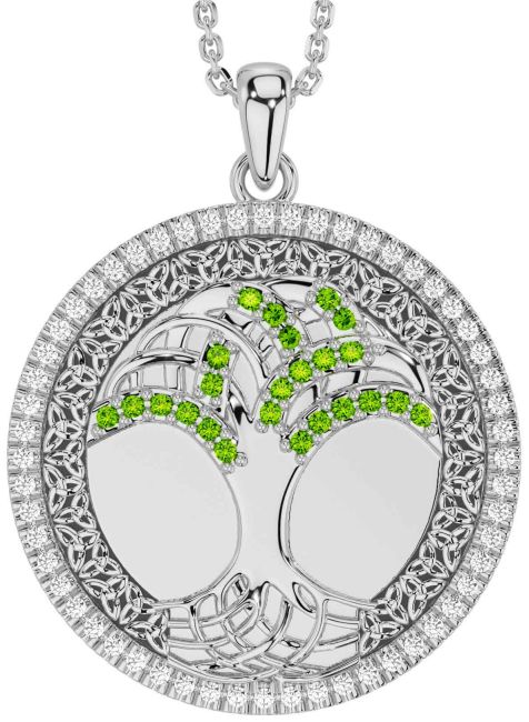 Diamond Peridot Silver Black Rhodium Celtic Tree of Life Trinity Knot Necklace