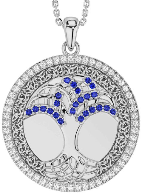 Diamond Sapphire Silver Black Rhodium Celtic Tree of Life Trinity Knot Necklace