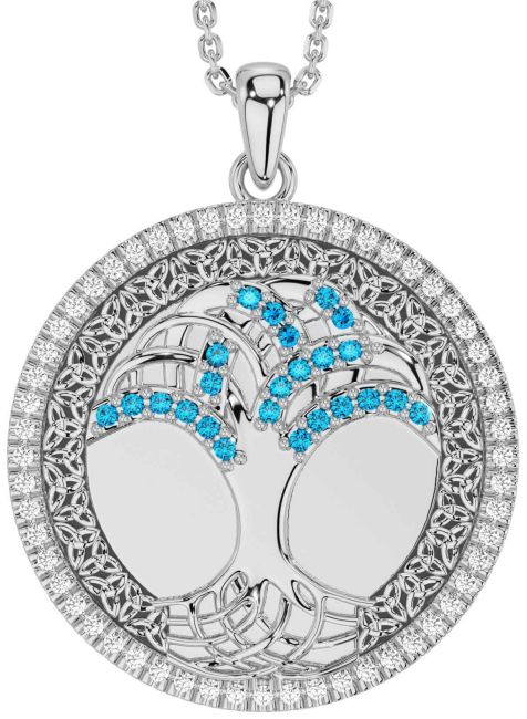 Diamond Topaz Silver Black Rhodium Celtic Tree of Life Trinity Knot Necklace