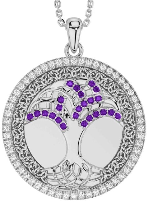 Diamond Amethyst White Gold Black Rhodium Celtic Tree of Life Trinity Knot Necklace