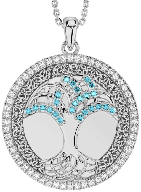 Diamond Aquamarine White Gold Black Rhodium Celtic Tree of Life Trinity Knot Necklace