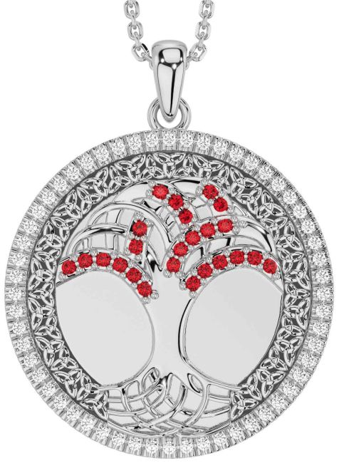 Diamond Ruby White Gold Black Rhodium Celtic Tree of Life Trinity Knot Necklace