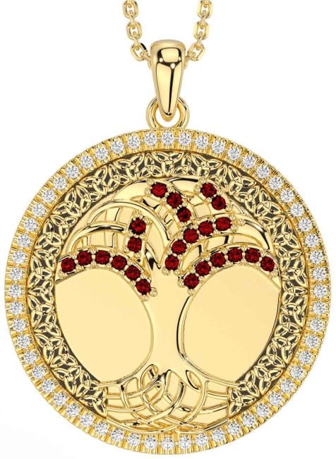 Diamond Garnet Gold Black Rhodium Celtic Tree of Life Trinity Knot Necklace