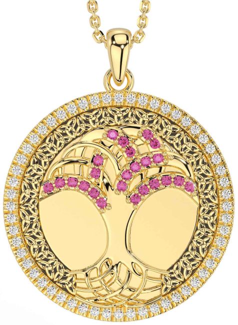 Diamond Pink Tourmaline Gold Black Rhodium Celtic Tree of Life Trinity Knot Necklace