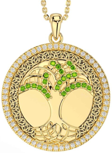 Diamond Peridot Gold Black Rhodium Celtic Tree of Life Trinity Knot Necklace