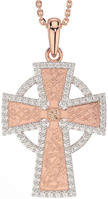 Diamond Rose Gold Silver Celtic Cross Necklace