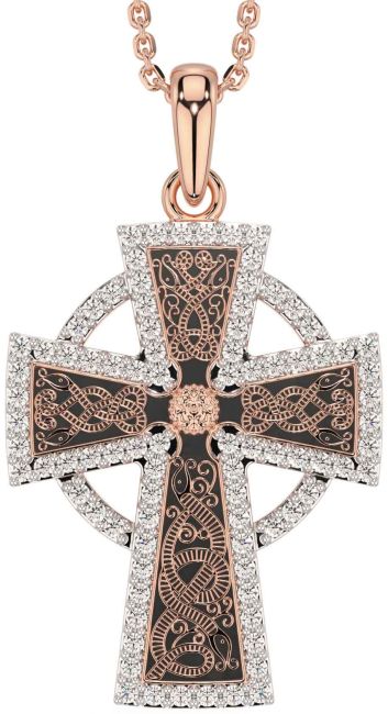 Diamond Rose Gold Silver Black Rhodium Celtic Cross Necklace