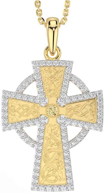 Diamond Gold Silver Celtic Cross Necklace