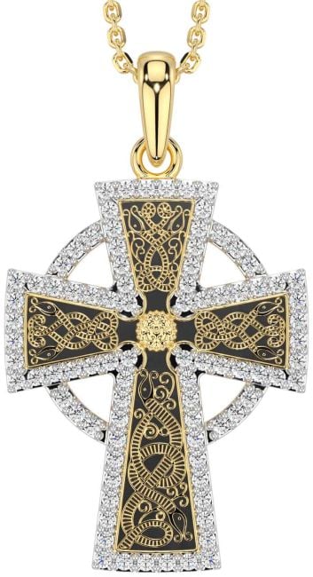 Diamond Gold Silver Black Rhodium Celtic Cross Necklace