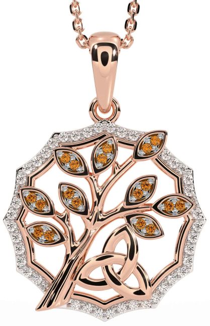 Diamond Citrine Rose Gold Silver Celtic Trinity Knot Tree of Life Necklace