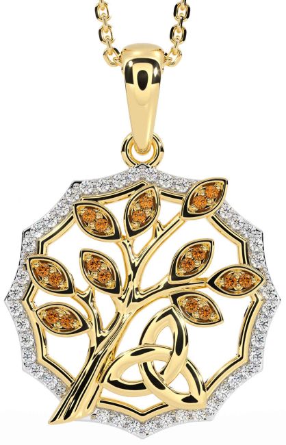 Diamond Citrine Gold Silver Celtic Trinity Knot Tree of Life Necklace
