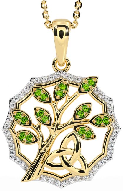 Diamond Peridot Gold Silver Celtic Trinity Knot Tree of Life Necklace