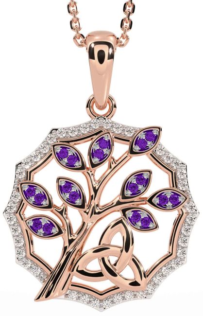Diamond Amethyst Rose Gold Celtic Trinity Knot Tree of Life Necklace