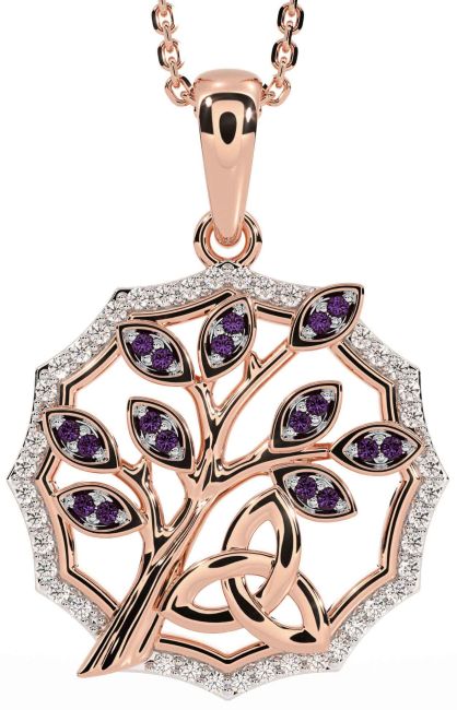 Diamond Alexandrite Rose Gold Celtic Trinity Knot Tree of Life Necklace