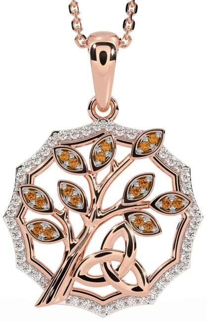 Diamond Citrine Rose Gold Celtic Trinity Knot Tree of Life Necklace
