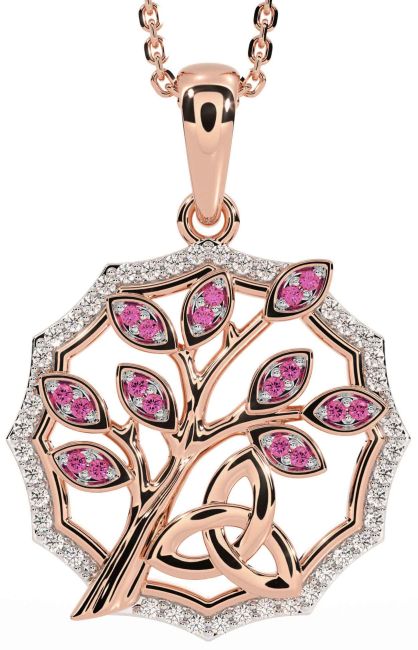 Diamond Pink Tourmaline Rose Gold Celtic Trinity Knot Tree of Life Necklace