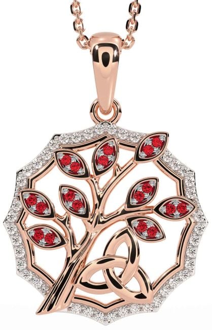 Diamond Ruby Rose Gold Celtic Trinity Knot Tree of Life Necklace