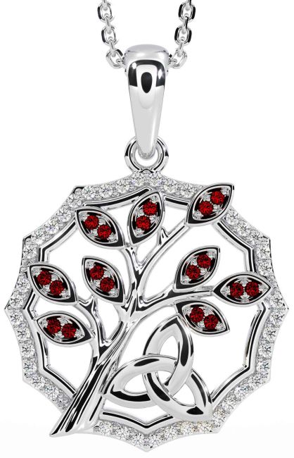 Diamond Garnet Silver Celtic Trinity Knot Tree of Life Necklace