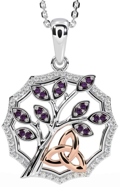 Diamond Alexandrite Rose Gold Silver Celtic Trinity Knot Tree of Life Necklace