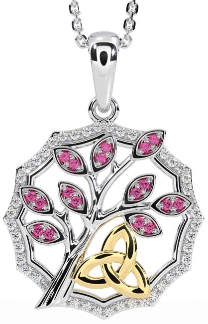 Diamond Pink Tourmaline Gold Silver Celtic Trinity Knot Tree of Life Necklace