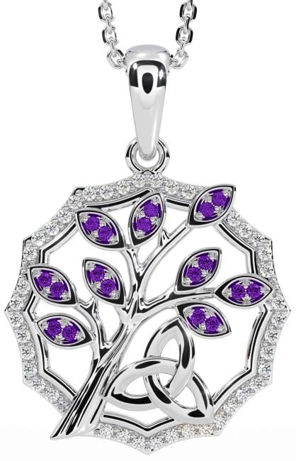 Diamant Ametyst Hvit Gull Celtic Treenighet Knute Tre av Liv Halskjede